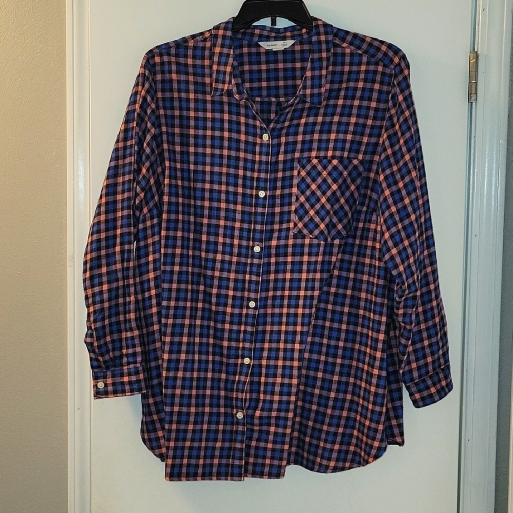 Old Navy Classic Flannel Shirt, 3X, Pink/Navy Blue Plaid
